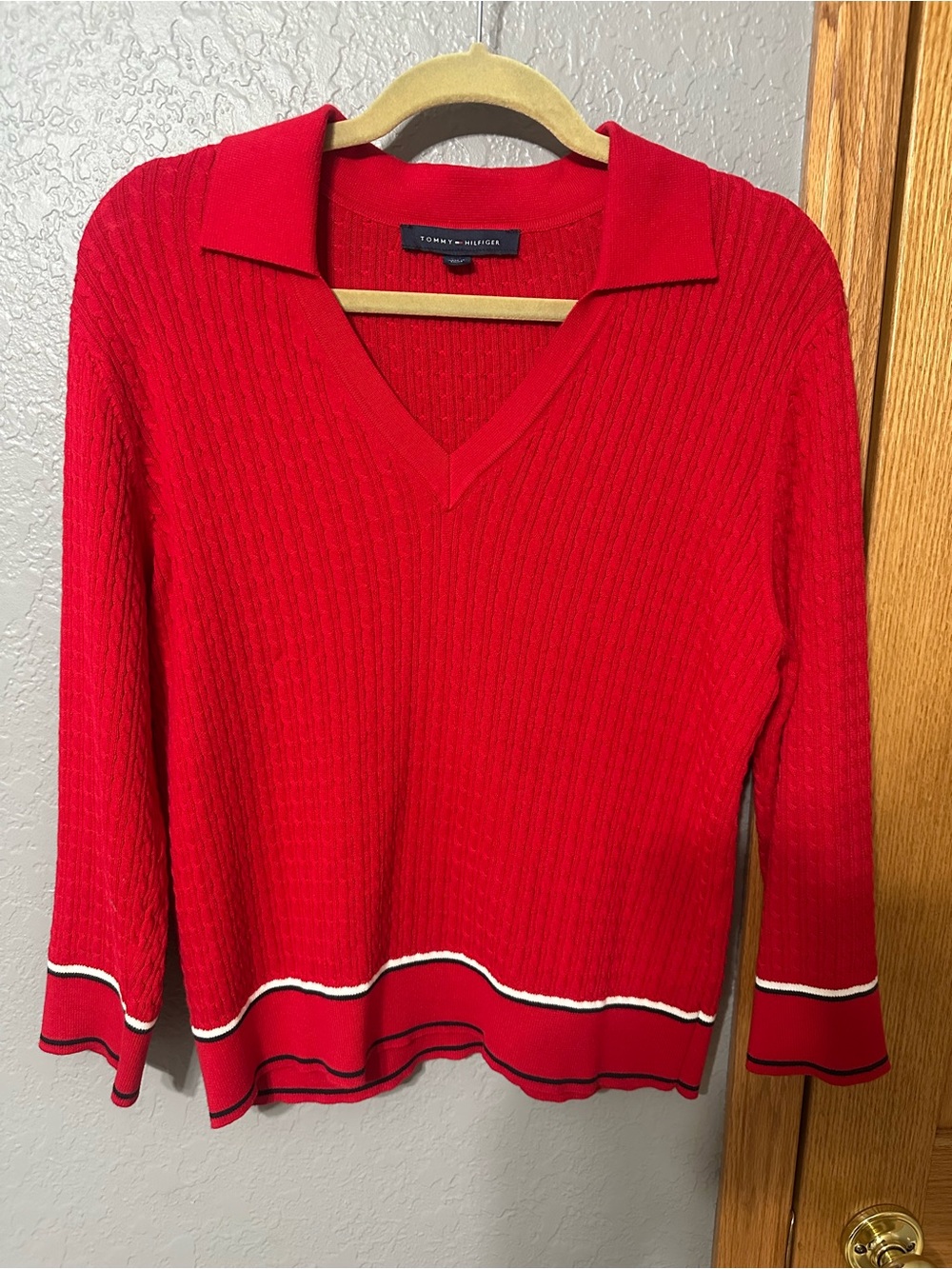 Tommy Hilfiger Red V-Neck Ribbed Sweater with Blue and White Trim
